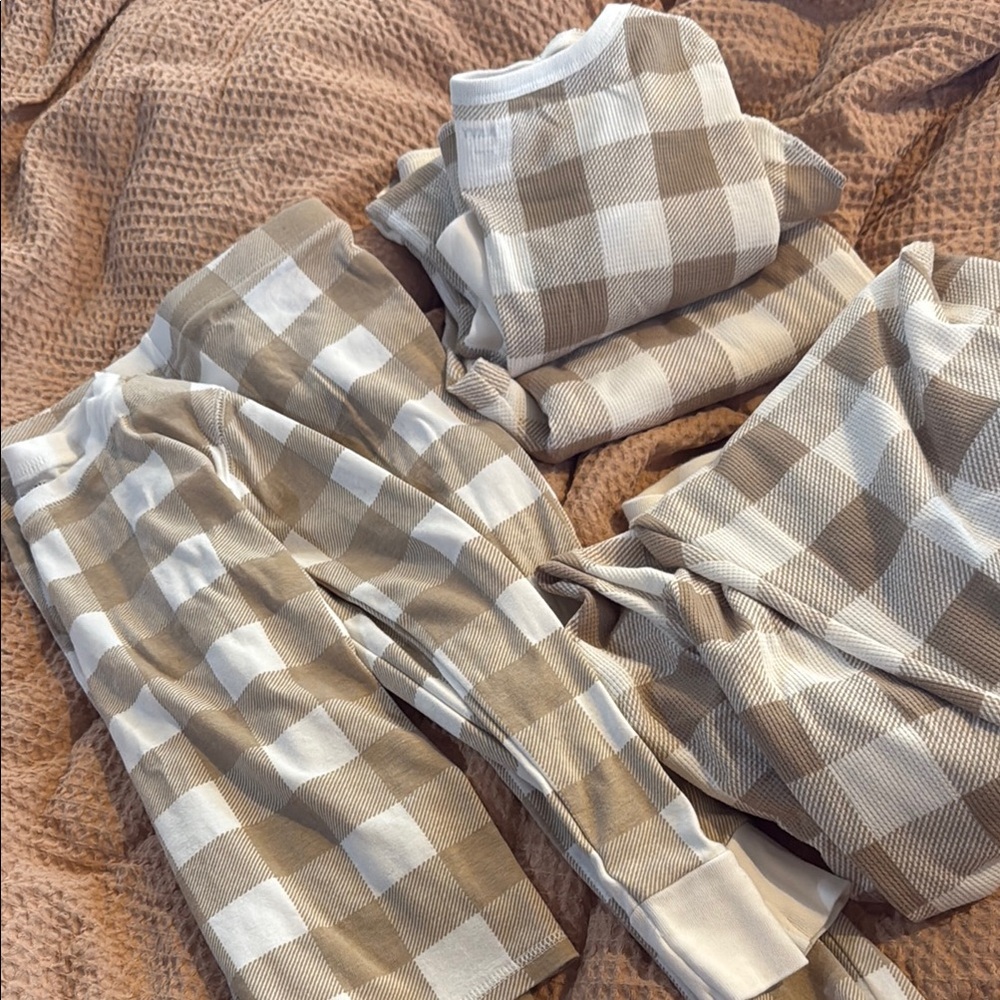 Family Christmas Pajamas 2 Adult, 1 child
Tan and White Checkered Pajama Set